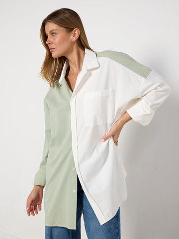 BLANCA Sage Green and White Colour Block Shirt